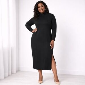 WOMEN WITH CONTROL Black Finespun Jersey Midi Dress XL Shaping Mock Neck Slit
